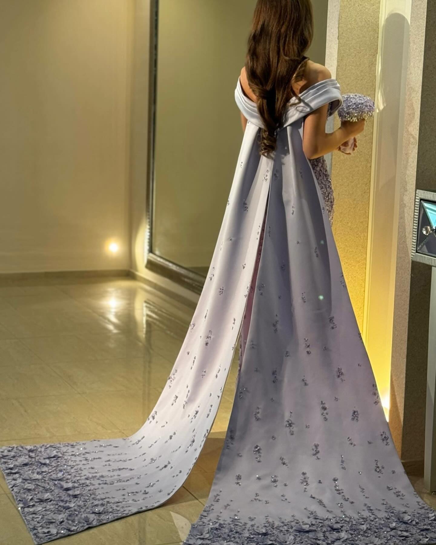 Elegant Crystal Lilac Mermaid Evening Dress with Overskirt SS555