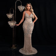 Luxury Rhinestones Silver Nude Spaghetti Evening Dress SS188