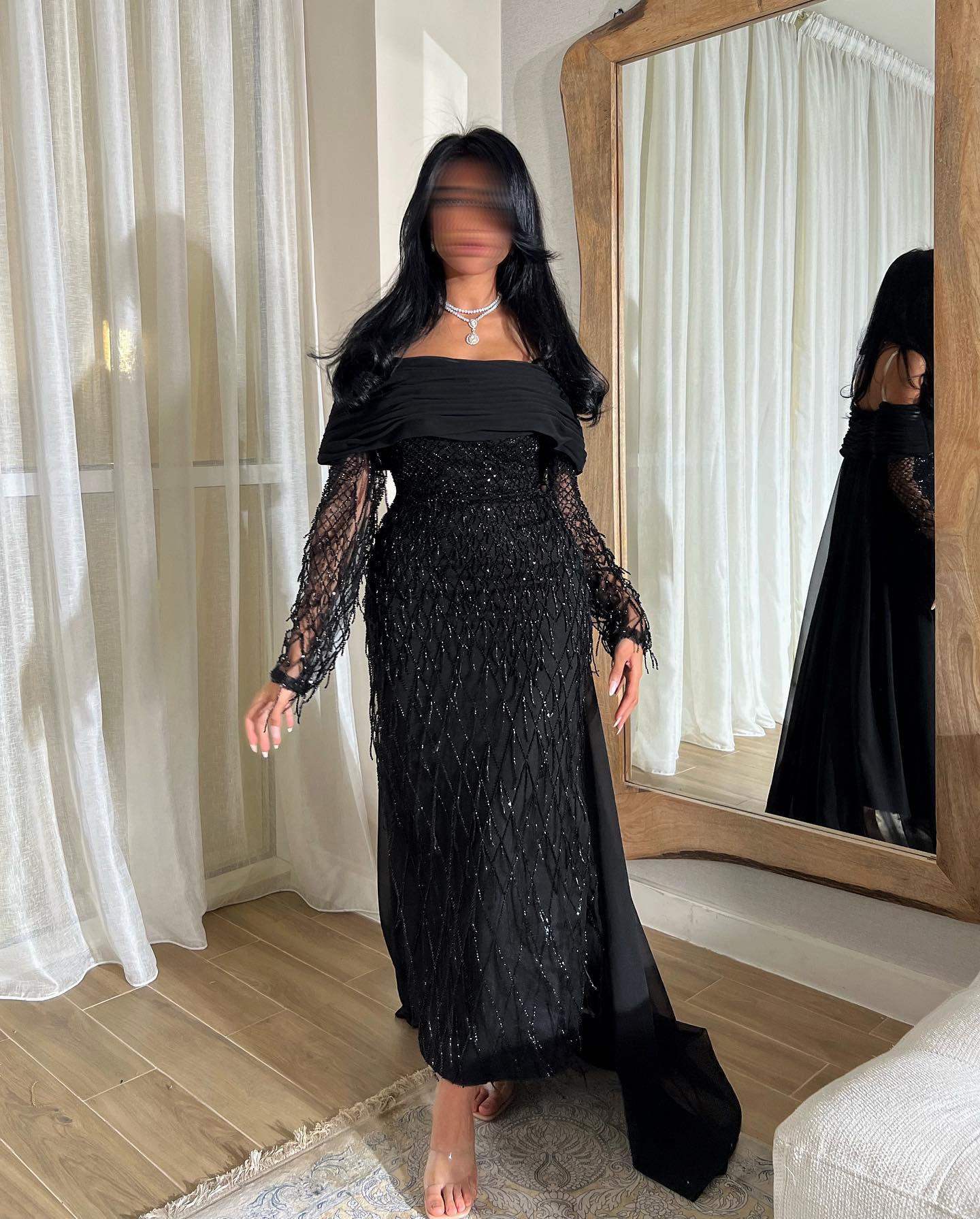 Luxury Tassel Lilac Off Shoulder Evening Dress with Cape SS708  Black / US 20