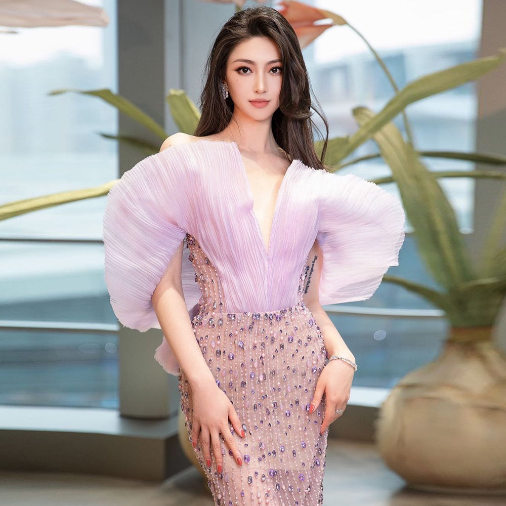 Dreamy Vow Luxury Dubai Lilac Long Evening Dress for Women Wedding Party 2023 Elegant Off Shoulder Arabic Formal Prom Gown 327