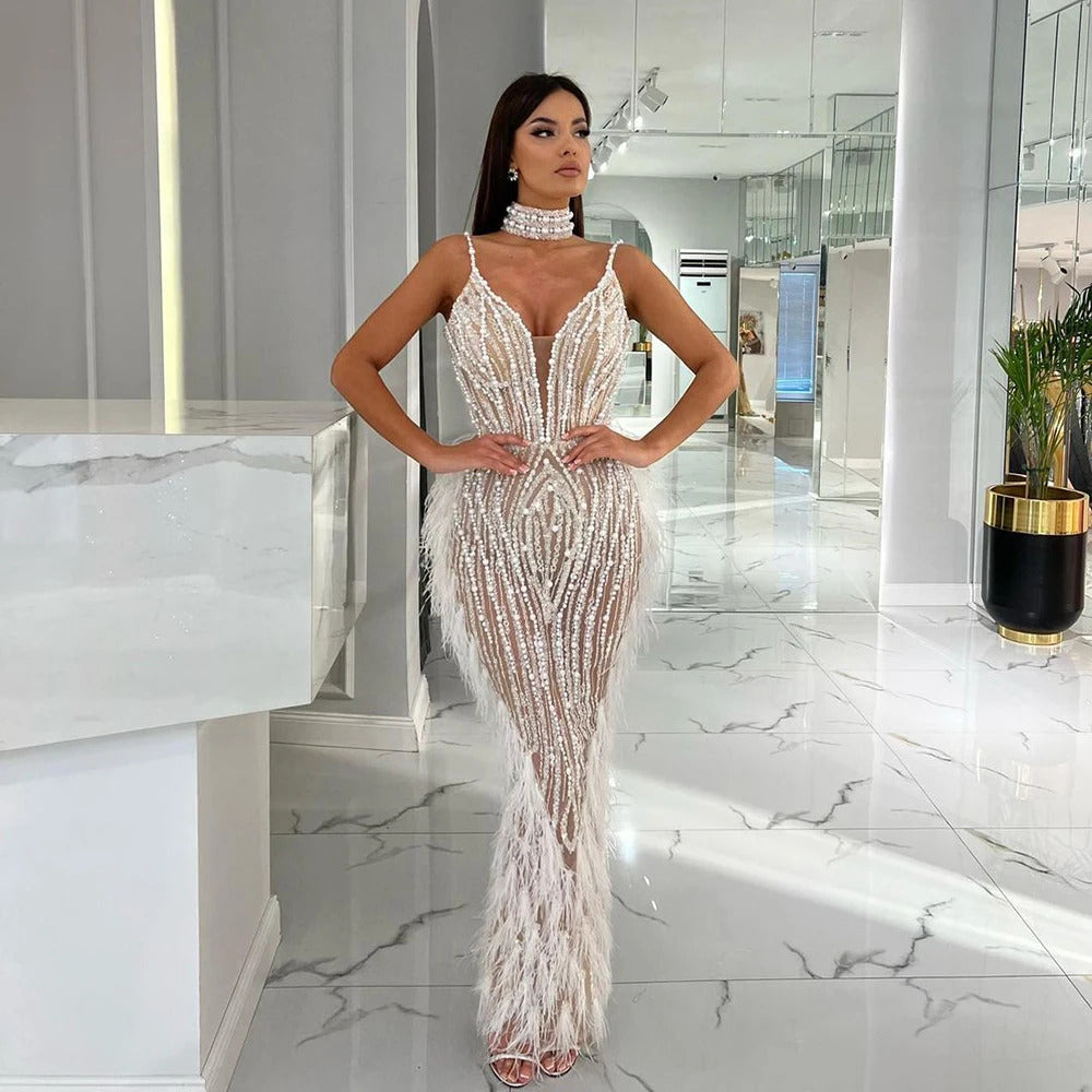 Luxury Feather Nude Mermaid Spaghetti Evening Dress with Cape SS185