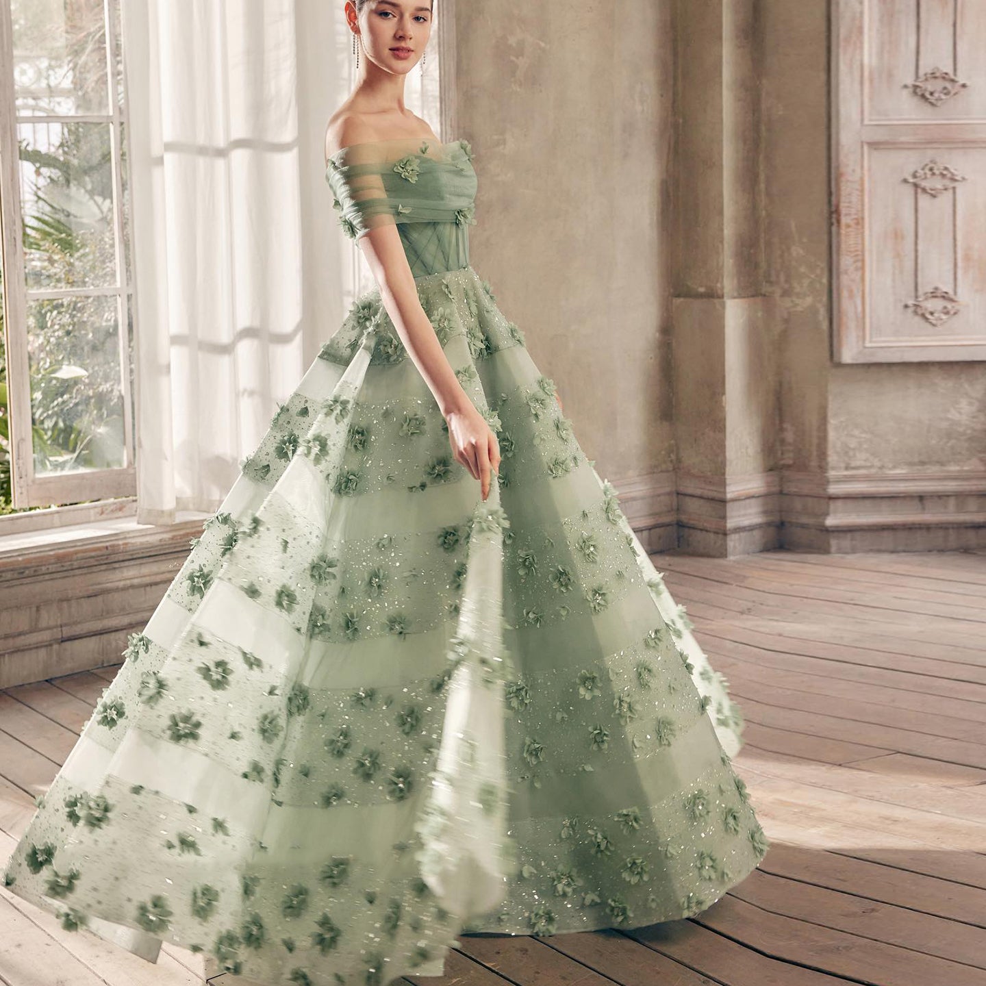 Luxury Sage Green 3D Flowers Dubai Evening Dress with Cape SS346  Green / US 16