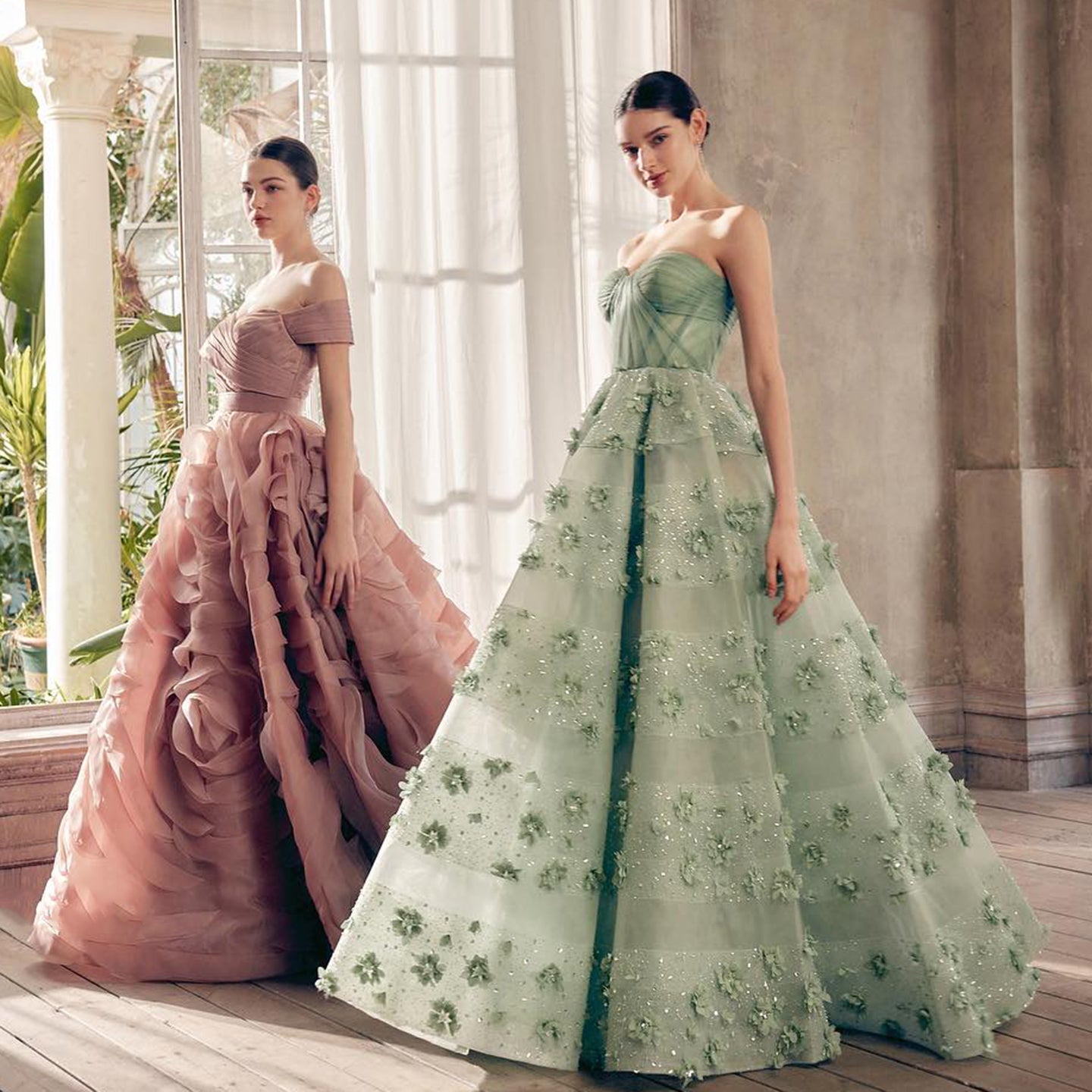 Luxury Sage Green 3D Flowers Dubai Evening Dress with Cape SS346