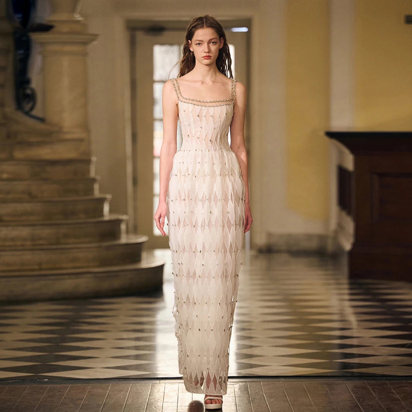 Luxury Crystal White Spaghetti Straps Evening Dress SS058