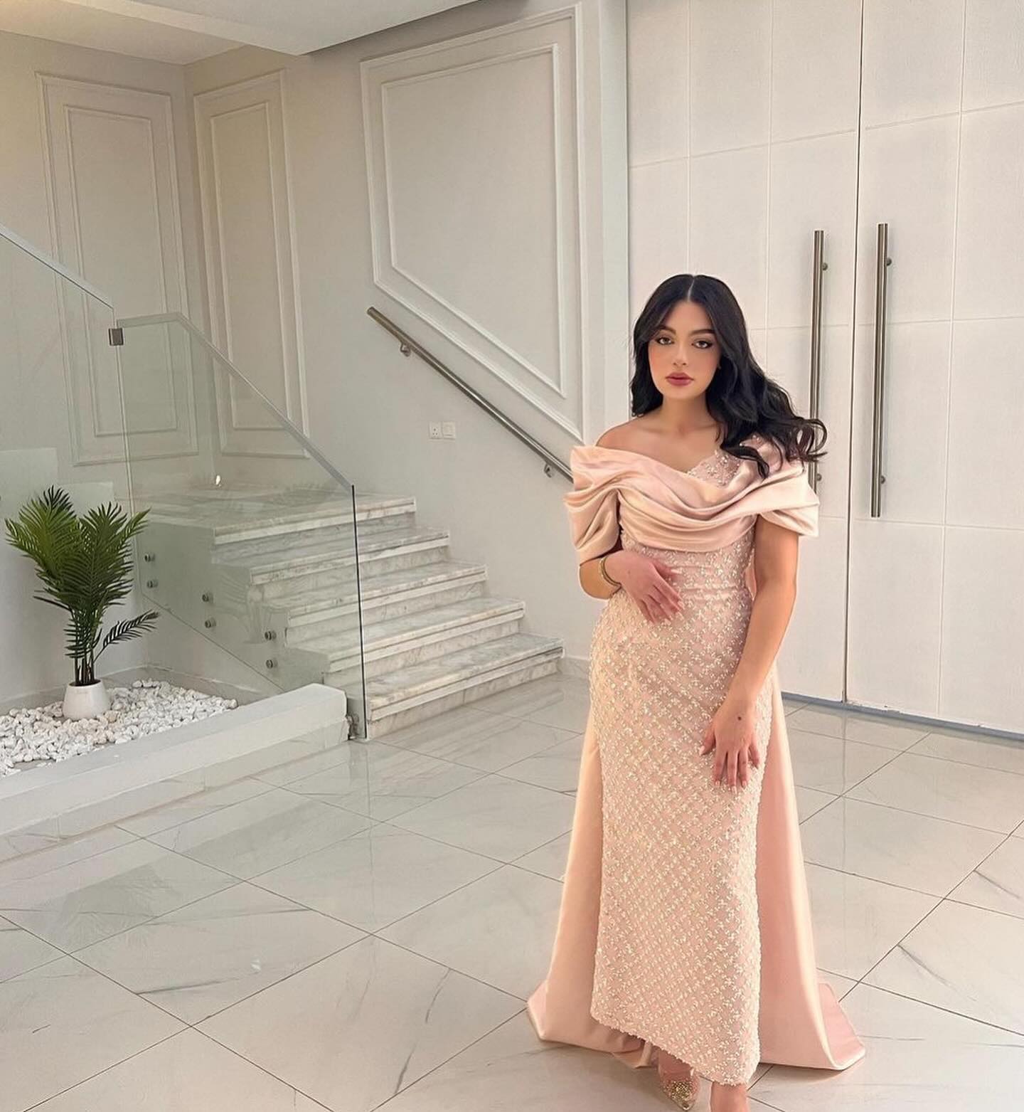 Luxury Off Shoulder Pink Evening Dress with Cape SS709