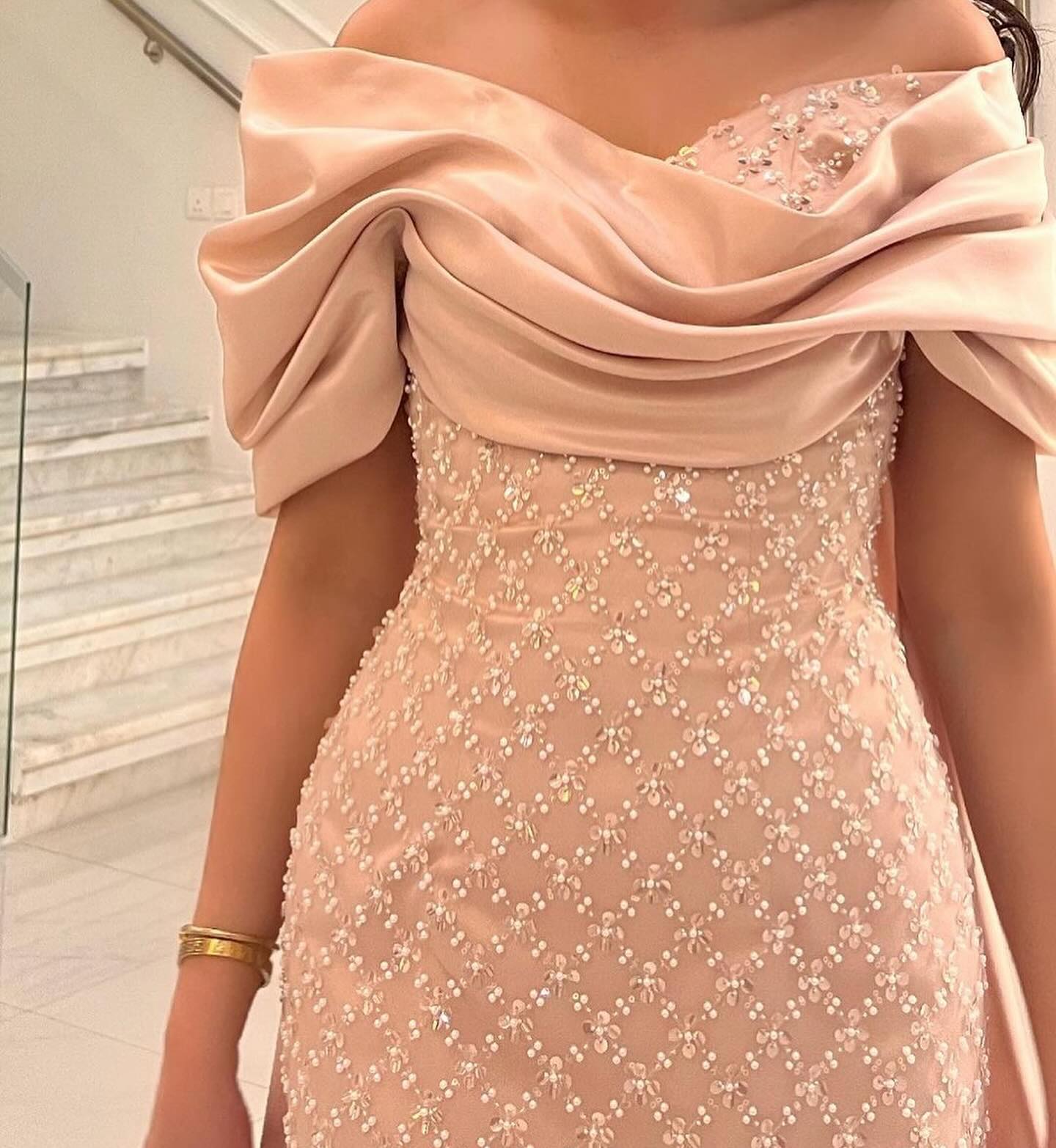 Luxury Off Shoulder Pink Evening Dress with Cape SS709