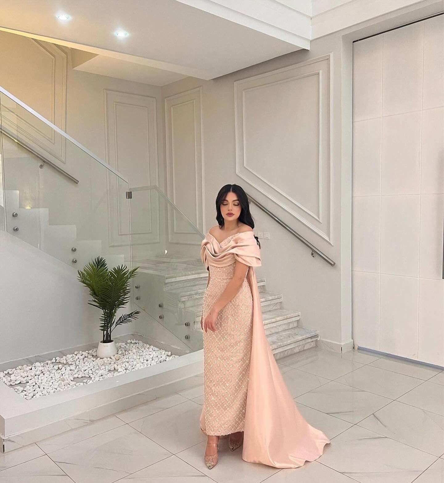 Luxury Off Shoulder Pink Evening Dress with Cape SS709