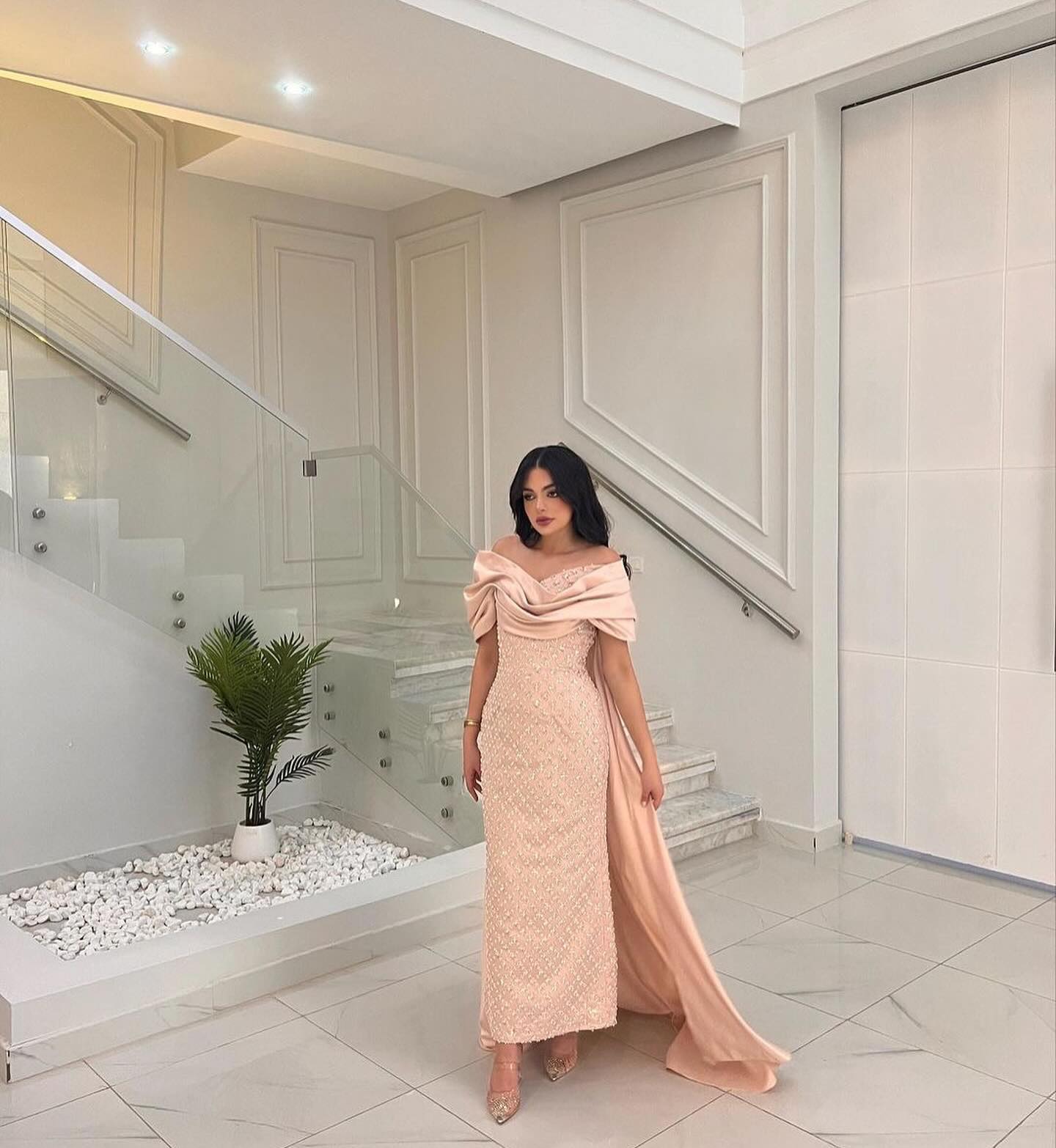 Luxury Off Shoulder Pink Evening Dress with Cape SS709