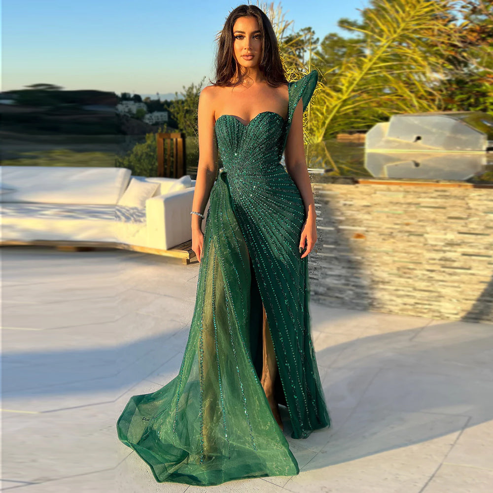 Emerald Green One Shoulder Slit Evening Dress with Overskirt SS201