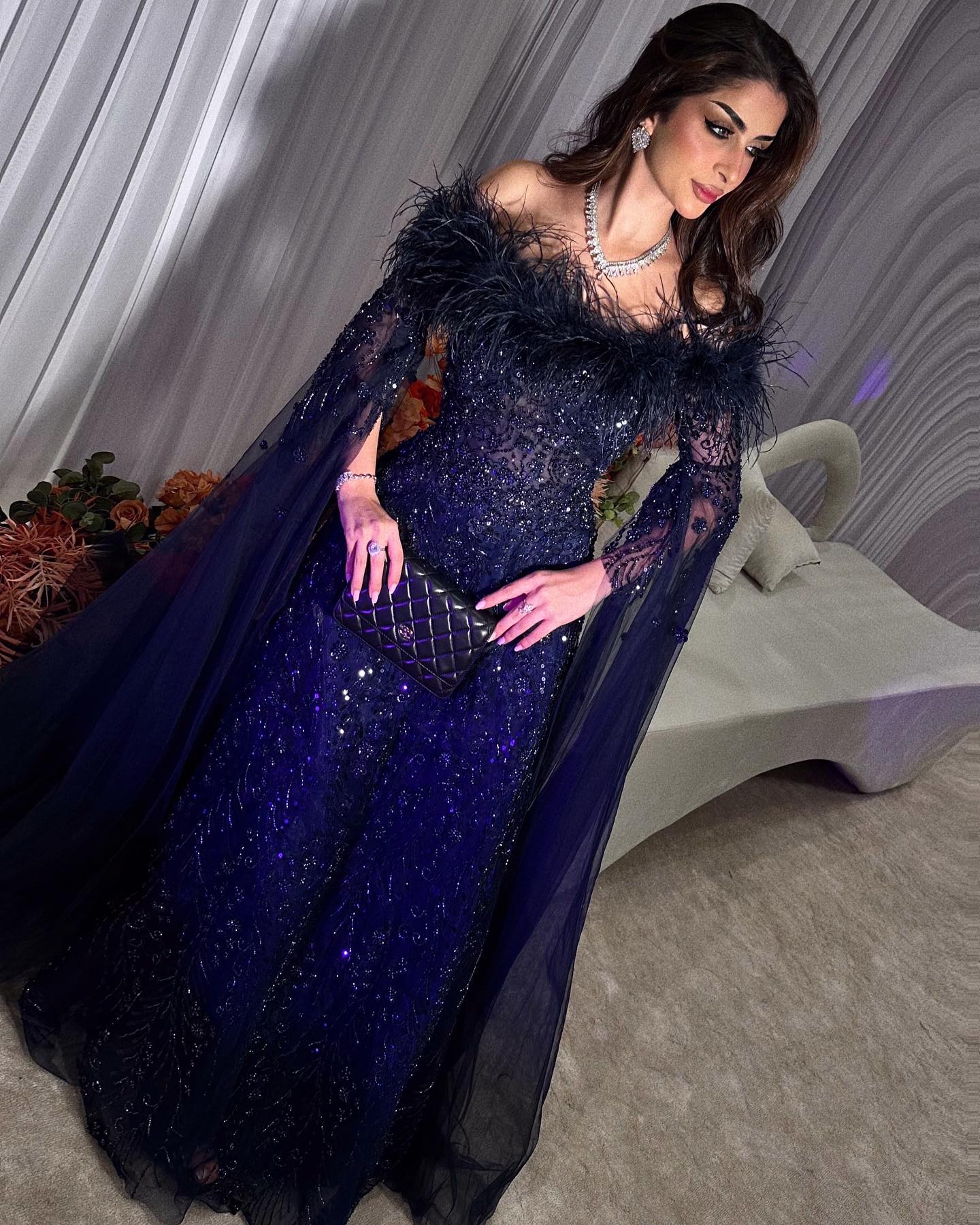 Off Shoulder Feathers Brown Evening Dress with Cape Sleeves SS707