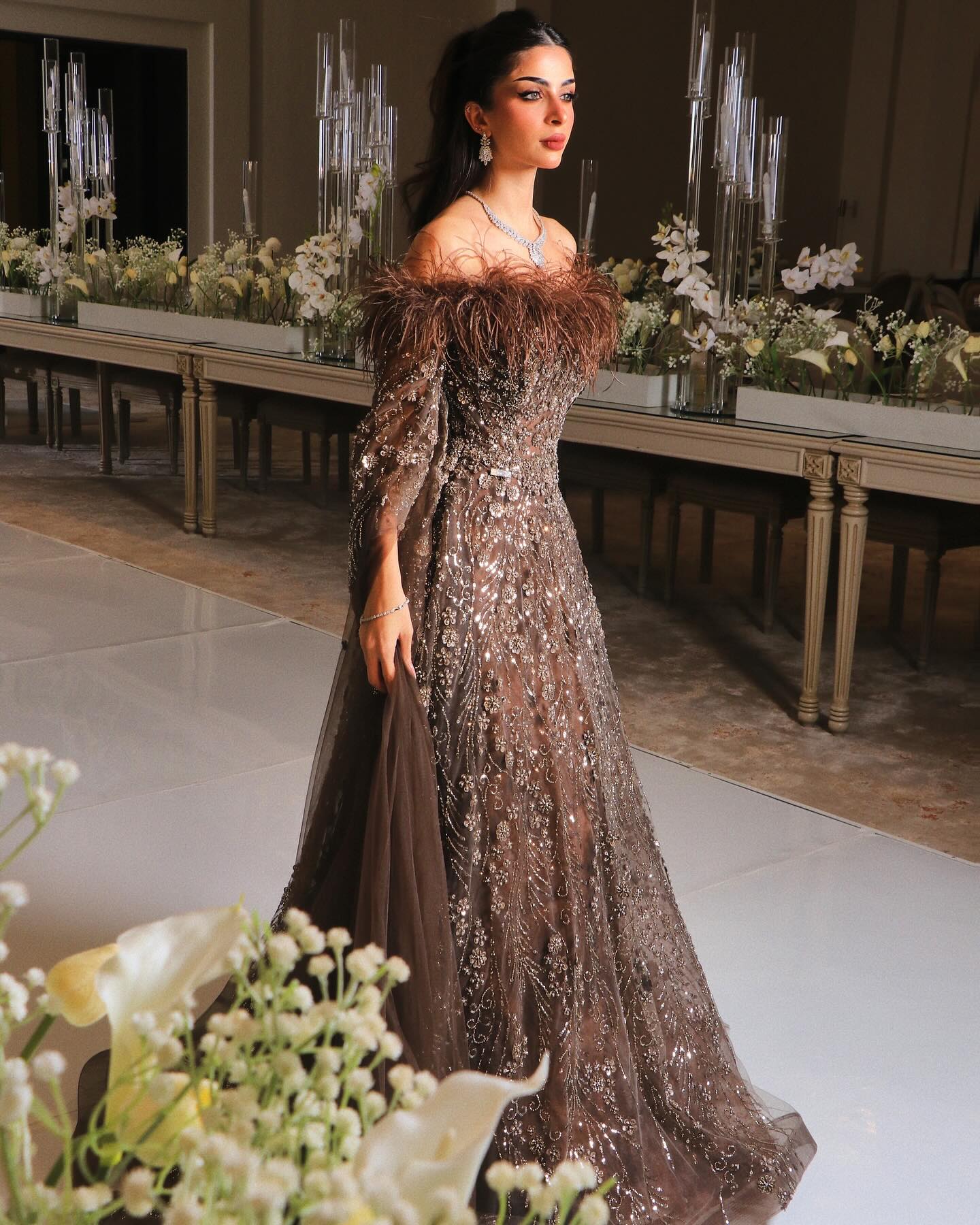 Off Shoulder Feathers Brown Evening Dress with Cape Sleeves SS707