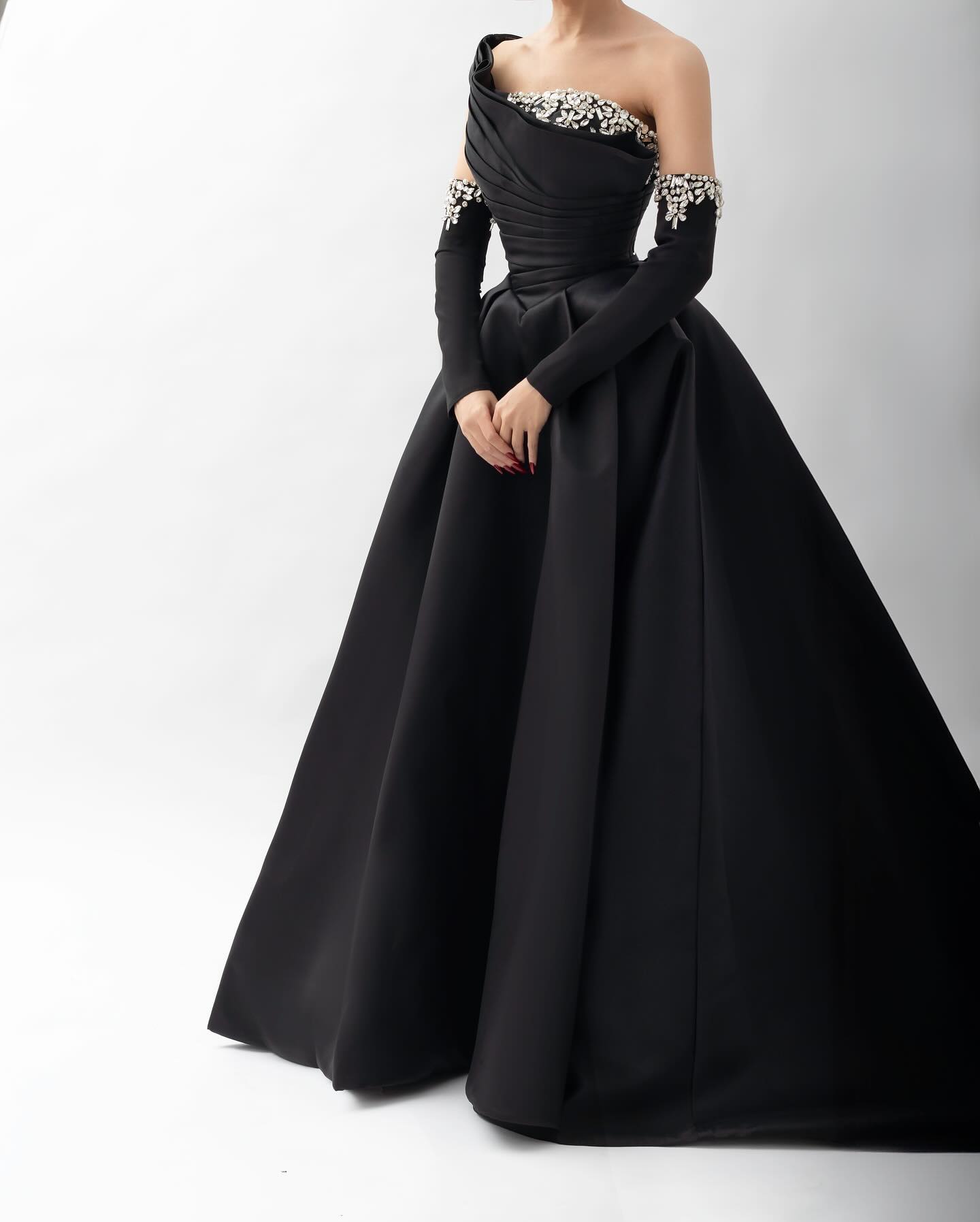 Elegant Black Satin Crystal One Shoulder Evening Dress SF272