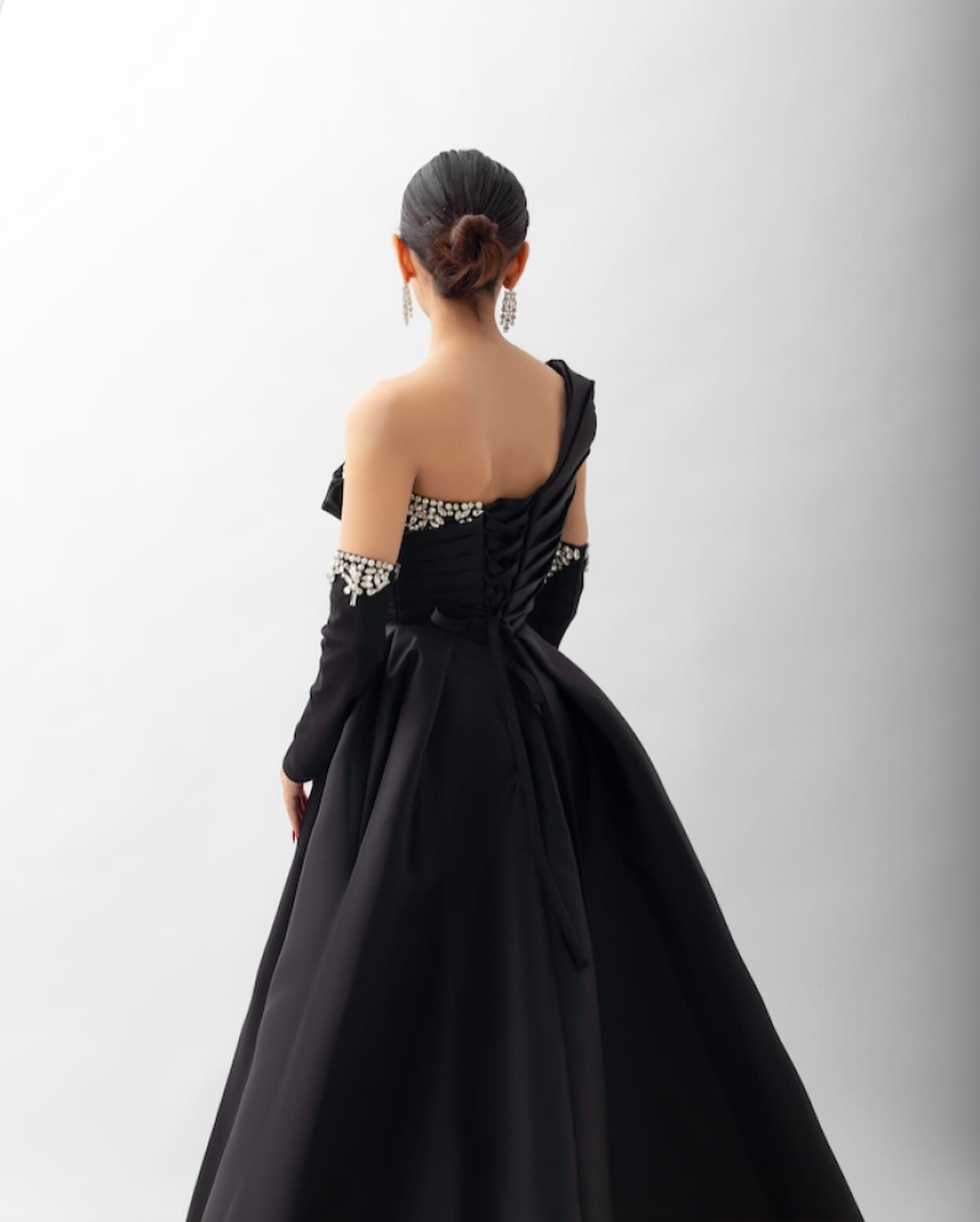 Elegant Black Satin Crystal One Shoulder Evening Dress SF272