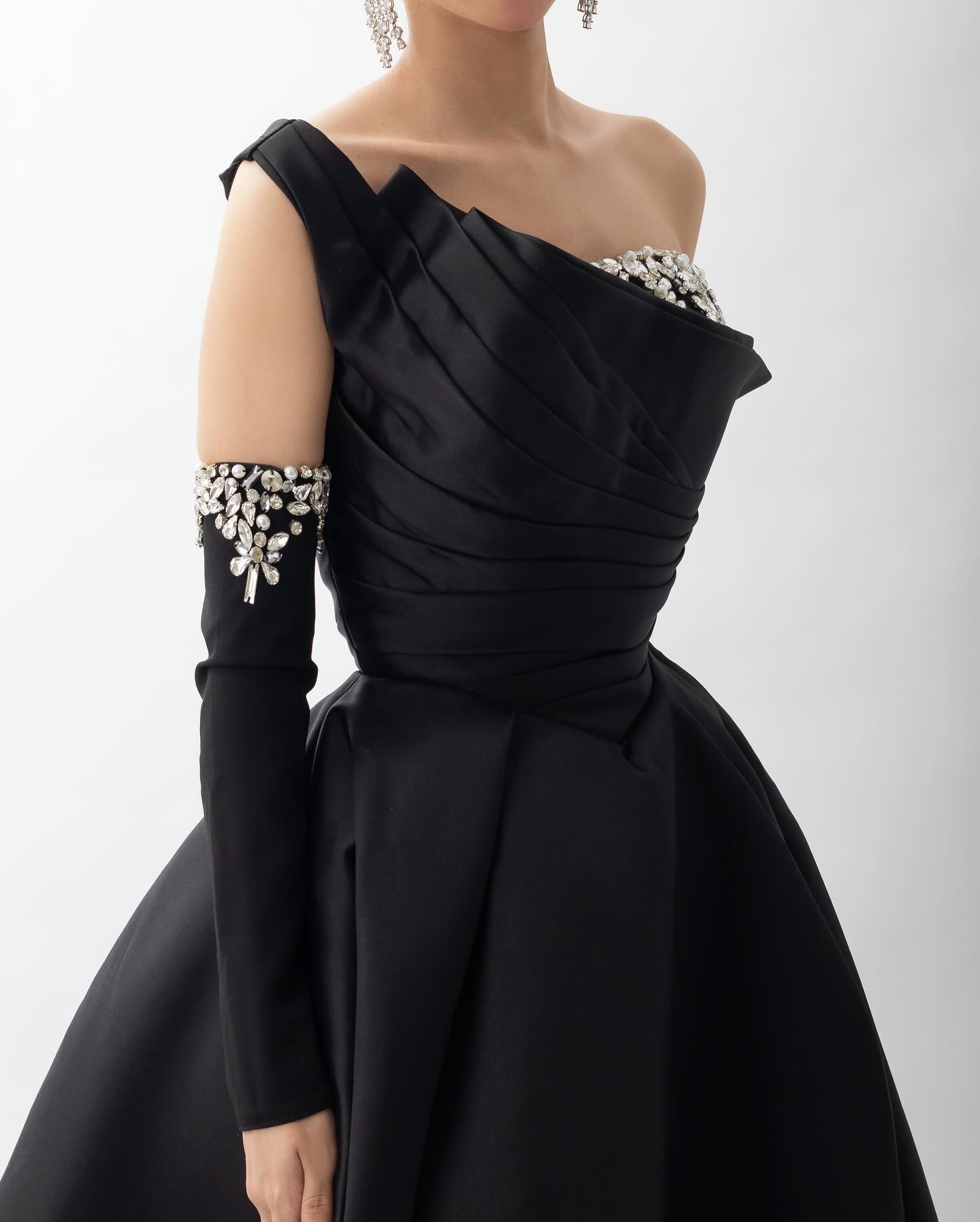 Elegant Black Satin Crystal One Shoulder Evening Dress SF272
