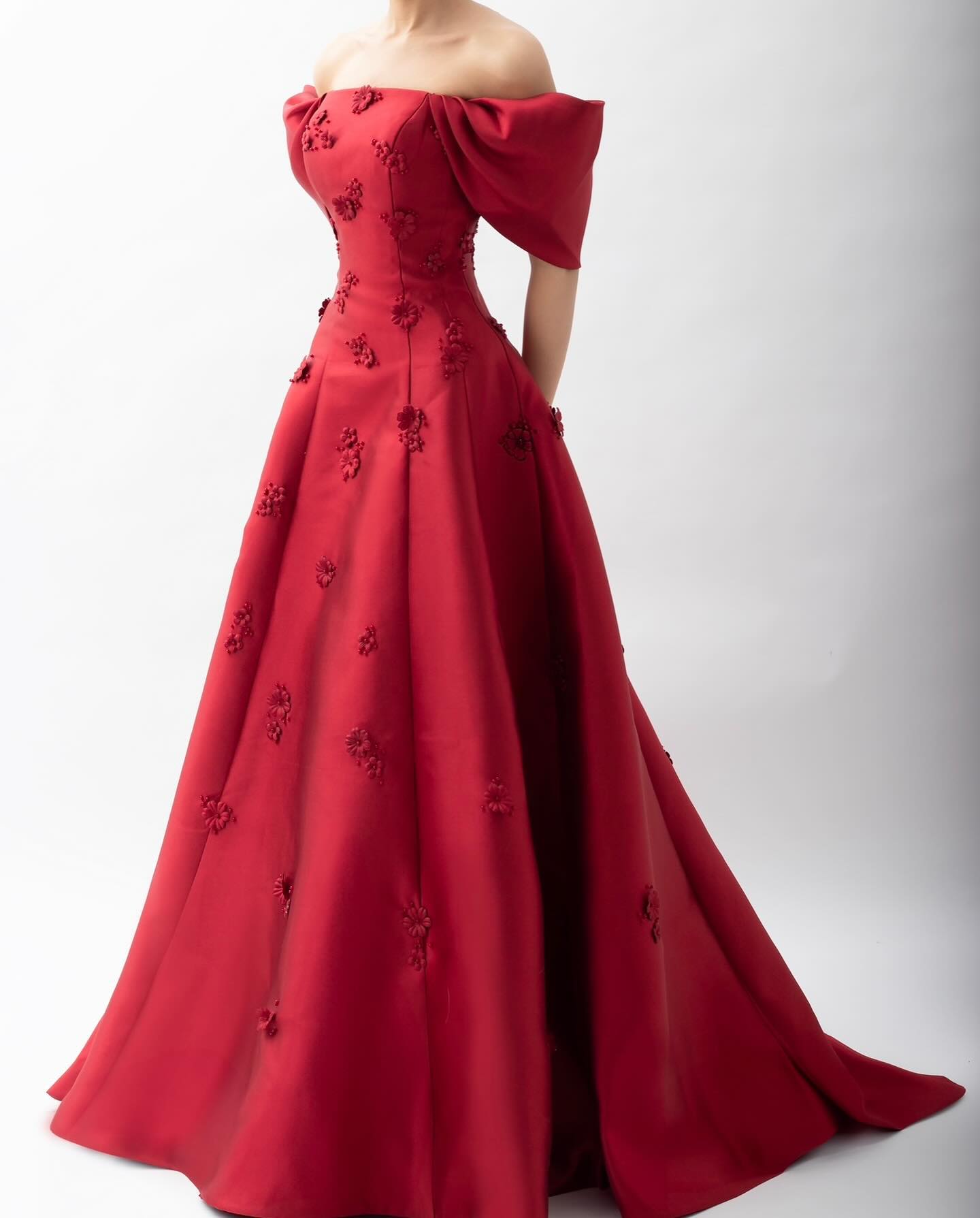 Elegant 3D Flowers Off Shoulder Red Evening Dress SF273