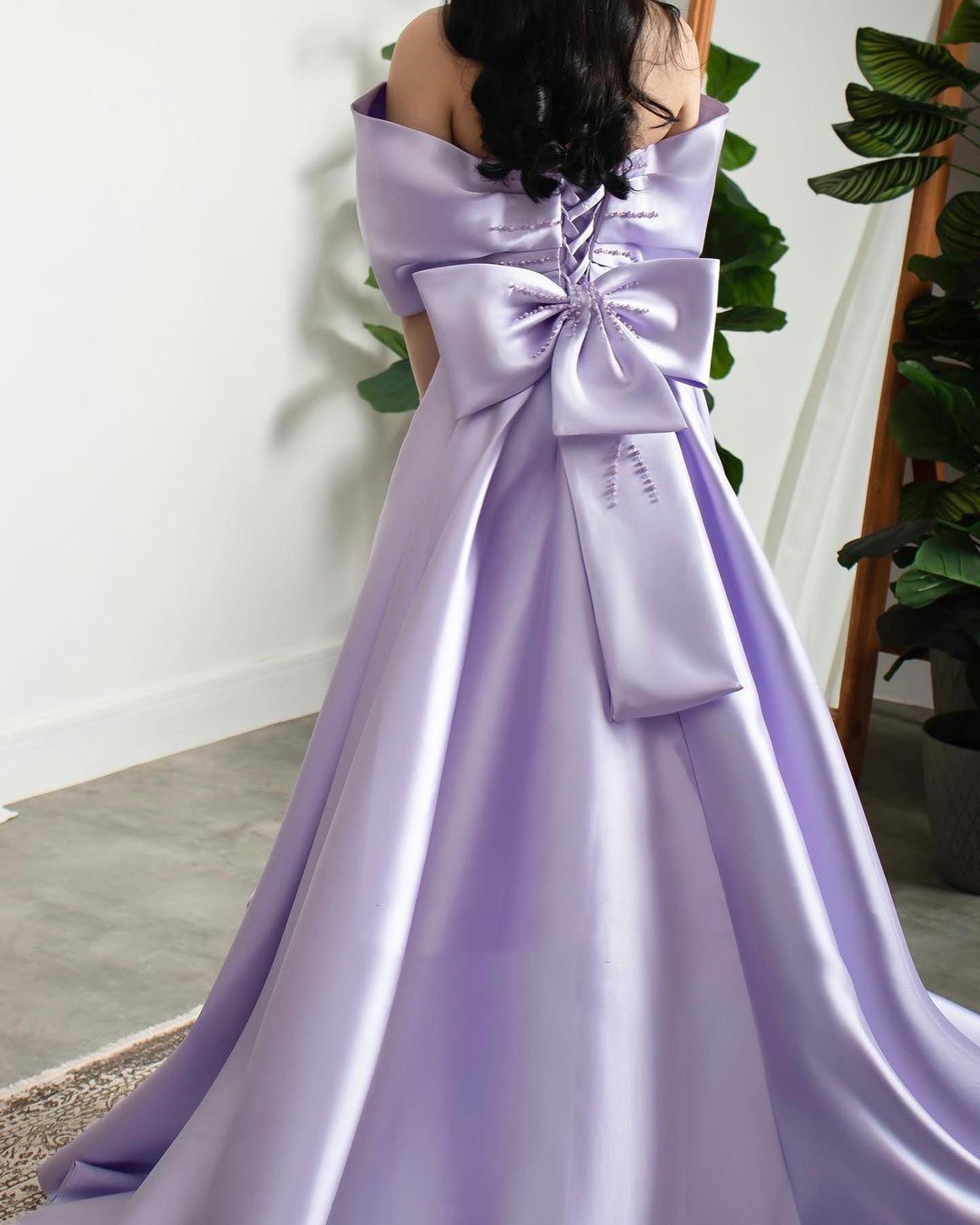 Elegant Off Shoulder Lilac Evening Dress with Overskirt SS400