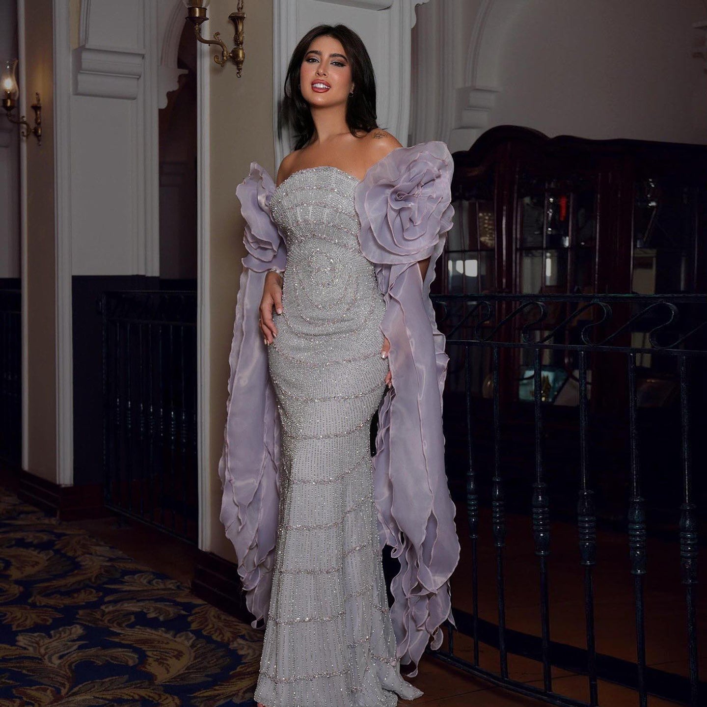 Luxury Lilac Strapless Evening Dress with 3D Flower Ruffles SS246