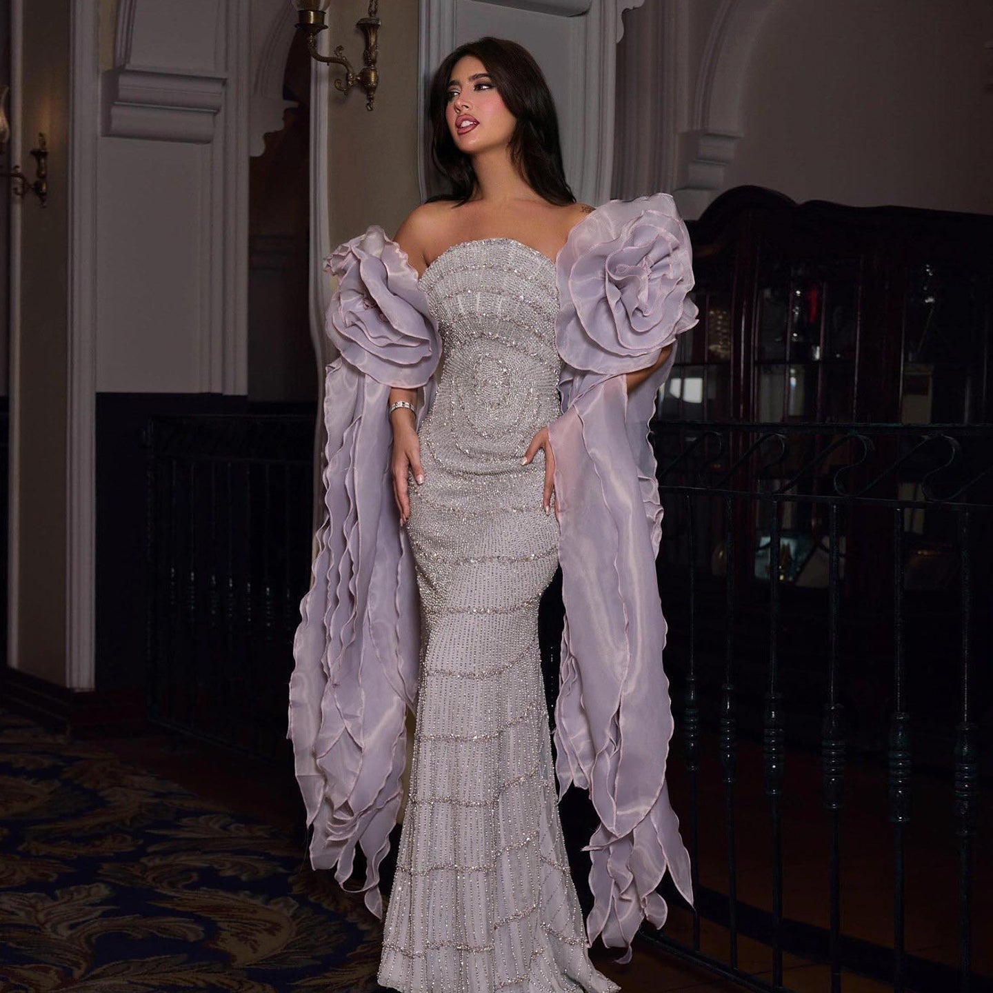 Luxury Lilac Strapless Evening Dress with 3D Flower Ruffles SS246