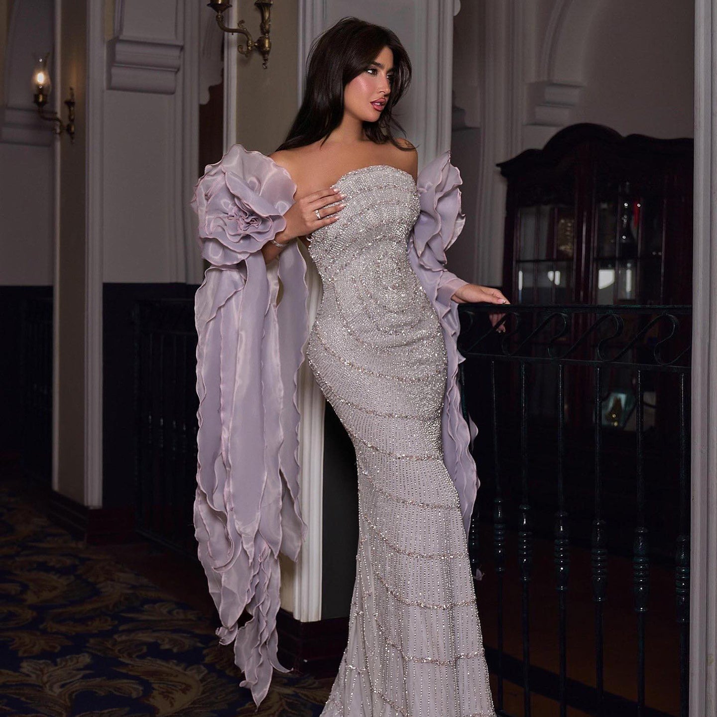 Luxury Lilac Strapless Evening Dress with 3D Flower Ruffles SS246