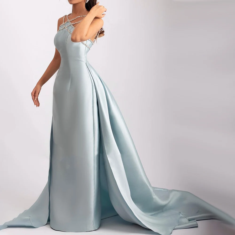 Elegant Light Blue Satin Evening Dress with Overskirt SF048  Light Blue / US 16