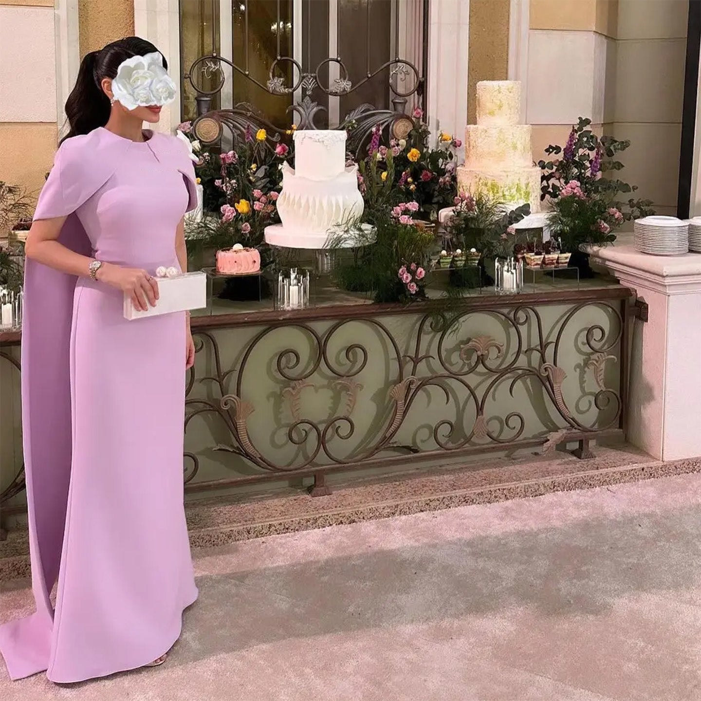 Simple Lilac Straight Evening Dress with Cape SF033
