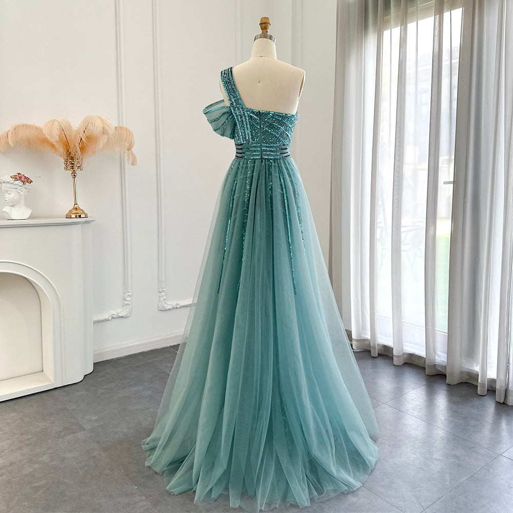 Luxury Green One Shoulder Evening Dress with Overskirt SS016