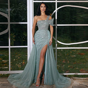 Luxury Green One Shoulder Evening Dress with Overskirt SS016