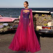 Luxury Fuchsia Evening Dress with Cape Sleeves SS167