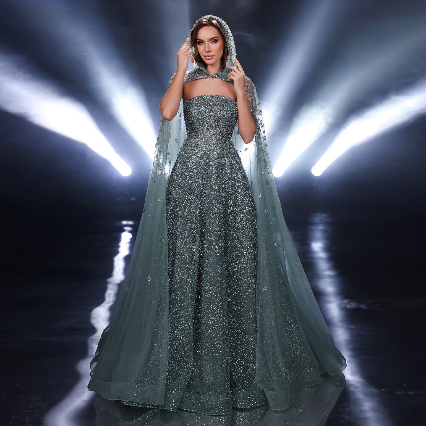 Sparkly Crystal Turquoise Evening Dress with Cape SS651  Green / US 16