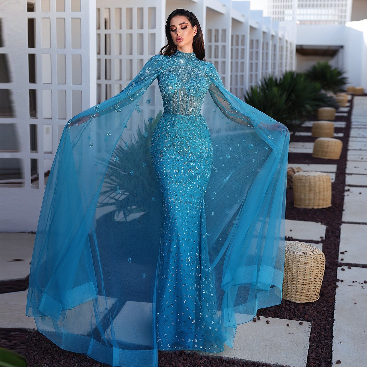 Luxury Wine Red Long Sleeves Muslim Evening Dress with Cape SS202