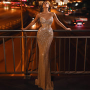 Luxury Champagne Spaghetti Beaded Evening Dress SS292