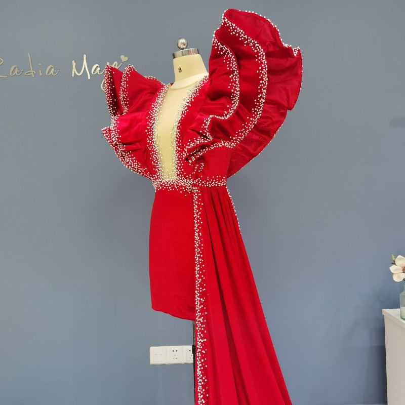 Luxury Beaded Pearls Orange Short Cocktail Dress RM003