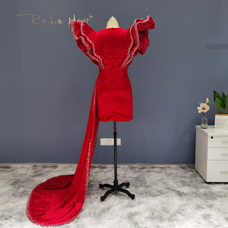 Luxury Beaded Pearls Orange Short Cocktail Dress RM003  Red / US 20