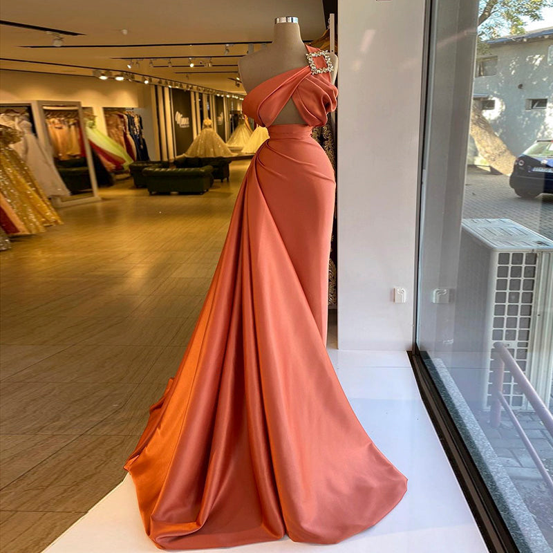 One Shoulder Orange Formal Party Dress with Overskirt RM014  Orange / US 16