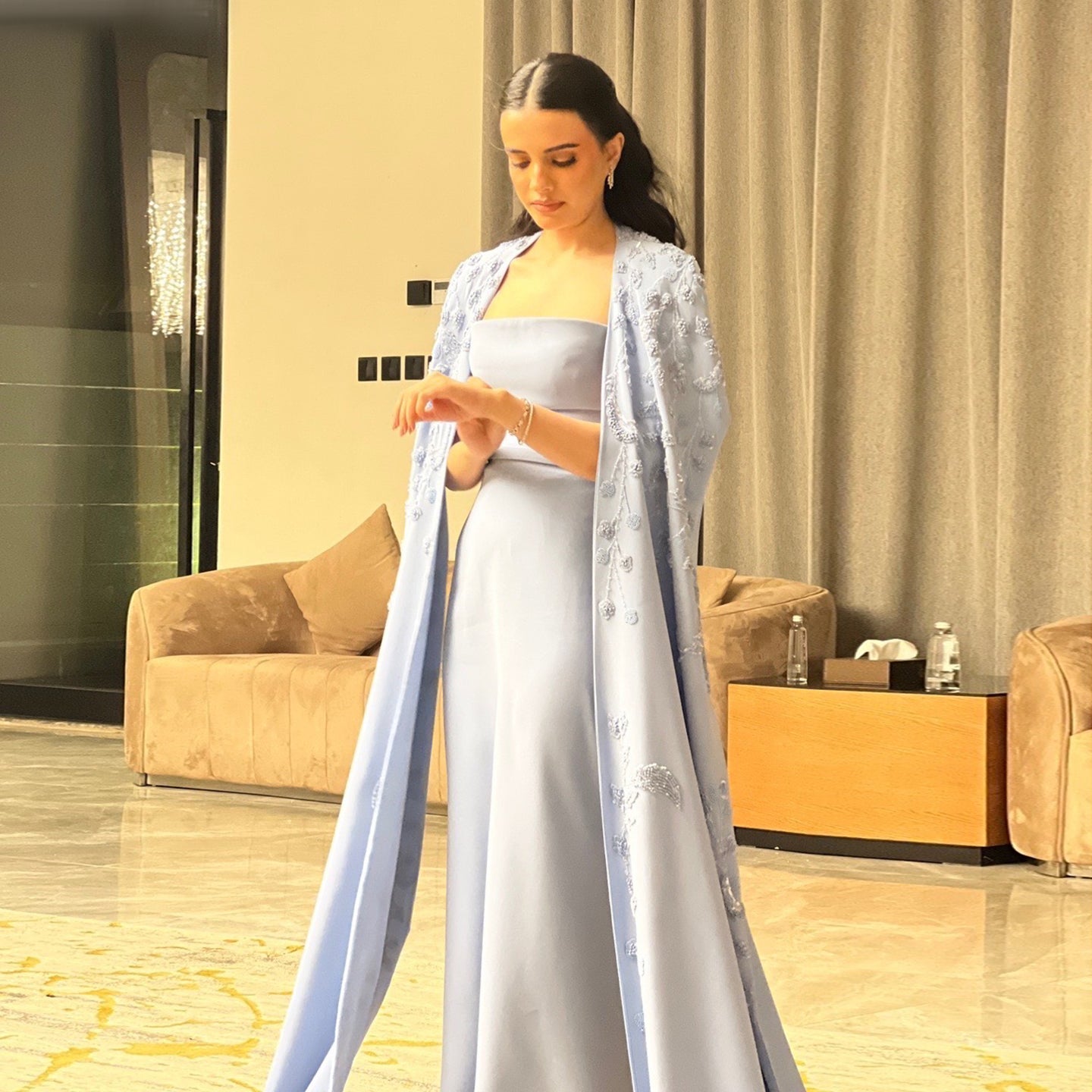 Elegant Blue Mermaid Evening Dress with Cape Sleeves SS407