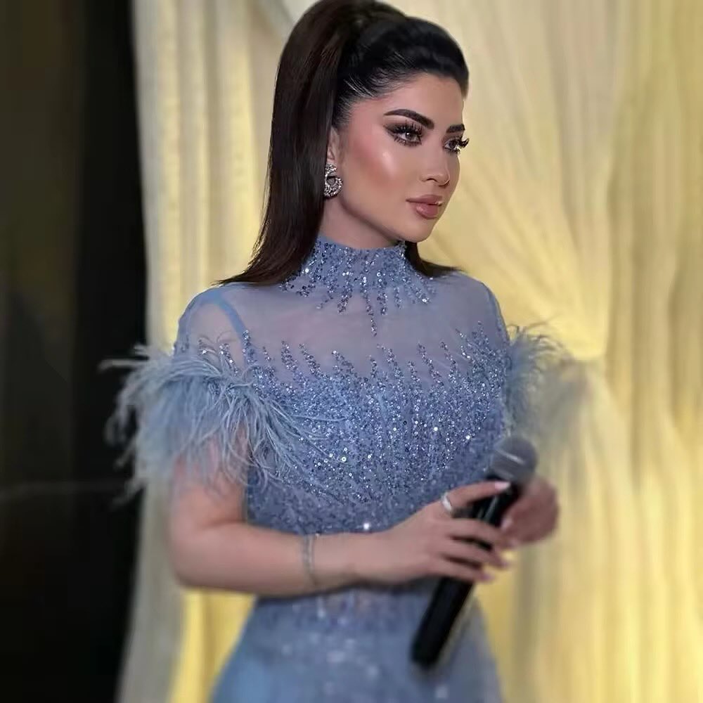 Luxury High Neck Blue Feathers Evening Dress SS660