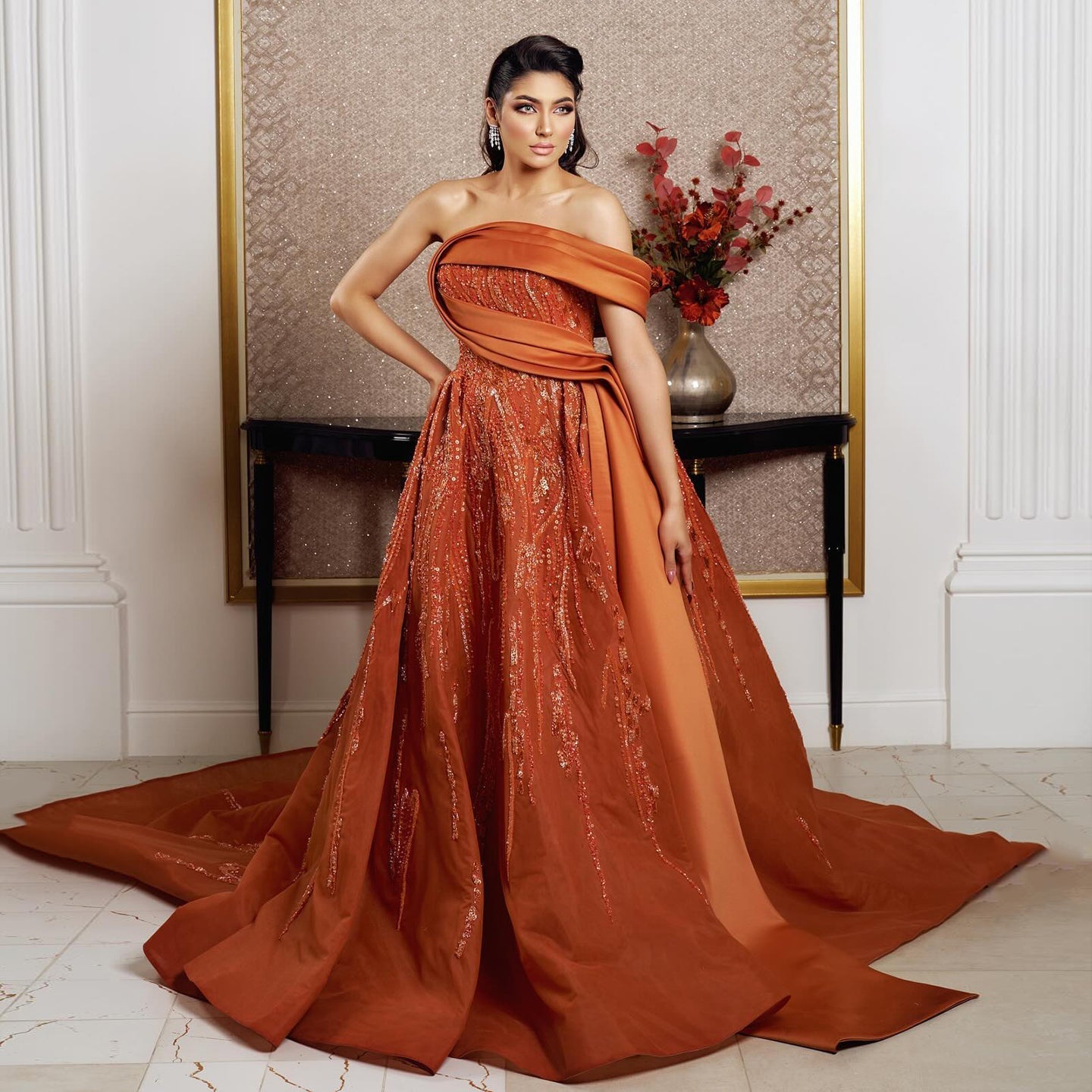 Elegant Beaded Orange Off Shoulder Evening Dress SS571