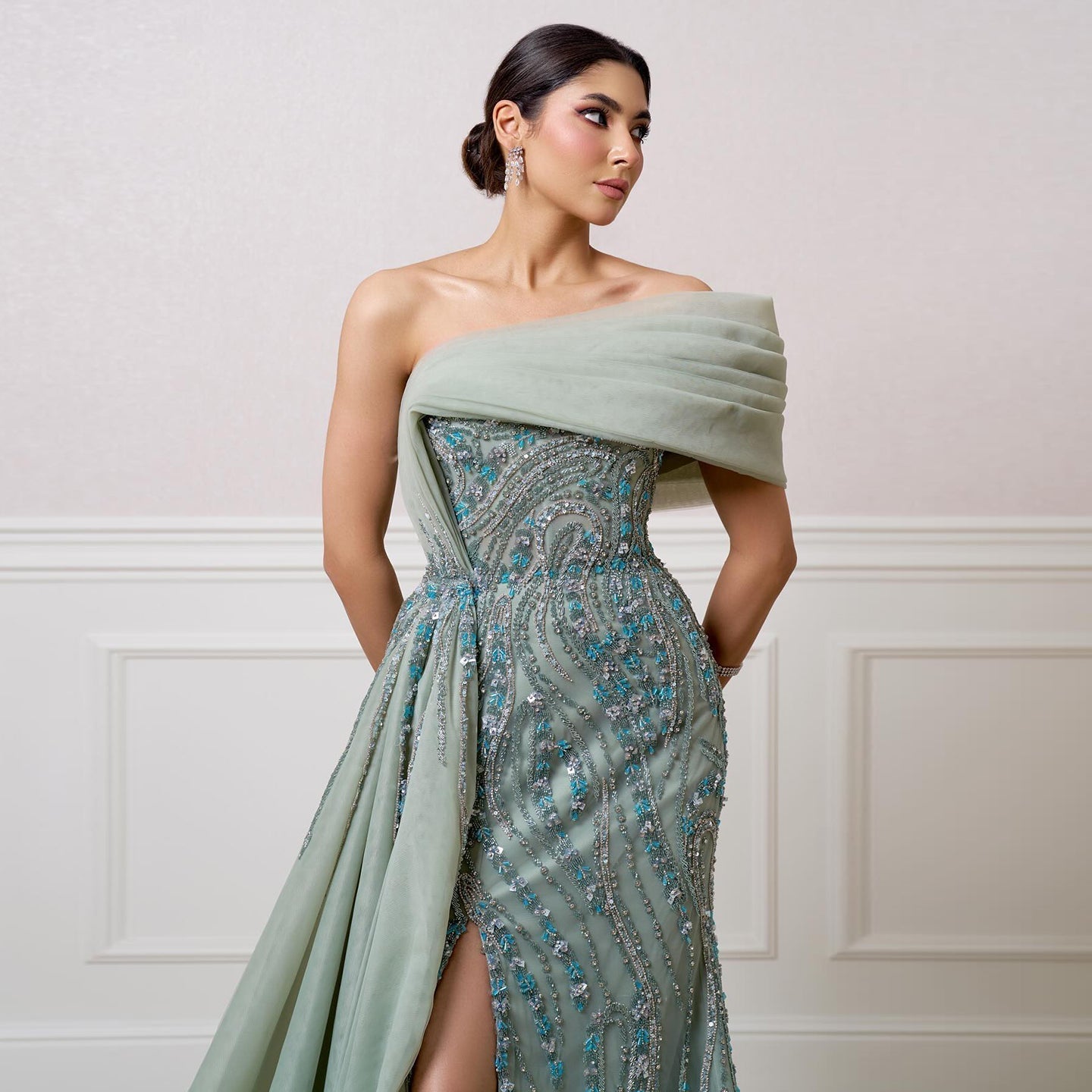 Luxury Turquoise One Shoulder Evening Dress with Overskirt SS572
