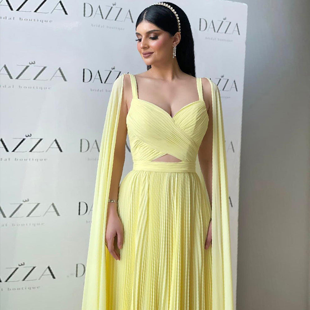 Elegant Fuchsia Chiffon Evening Dress with Cape Sleeves SF090