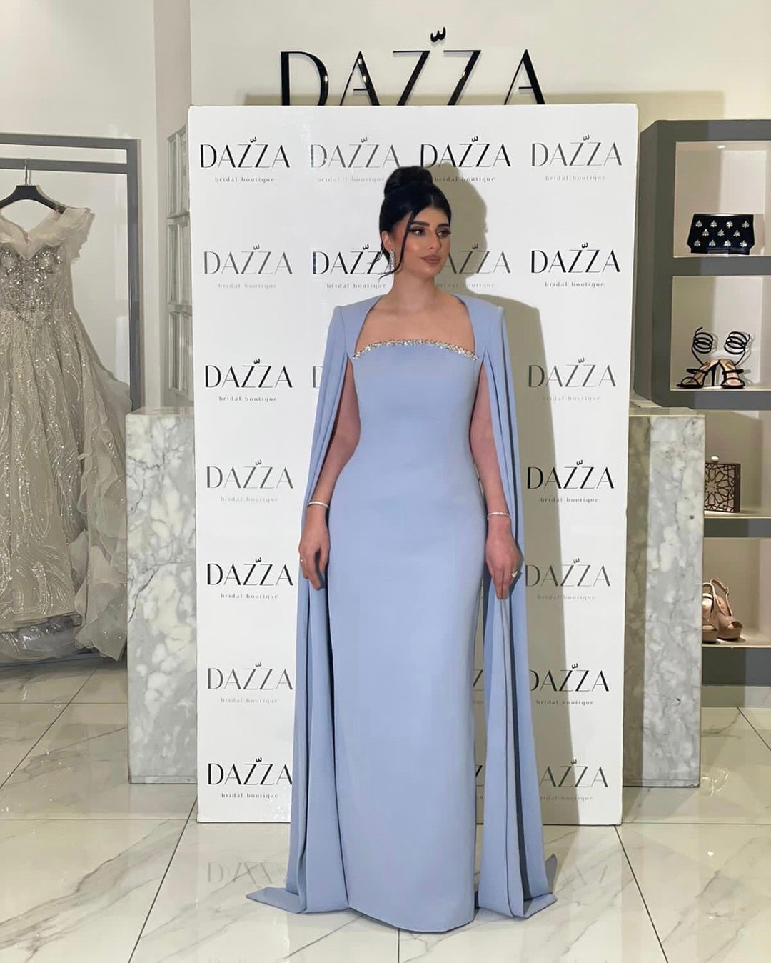 Elegant Blue Mermaid Evening Dress with Cape Sleeves SF486