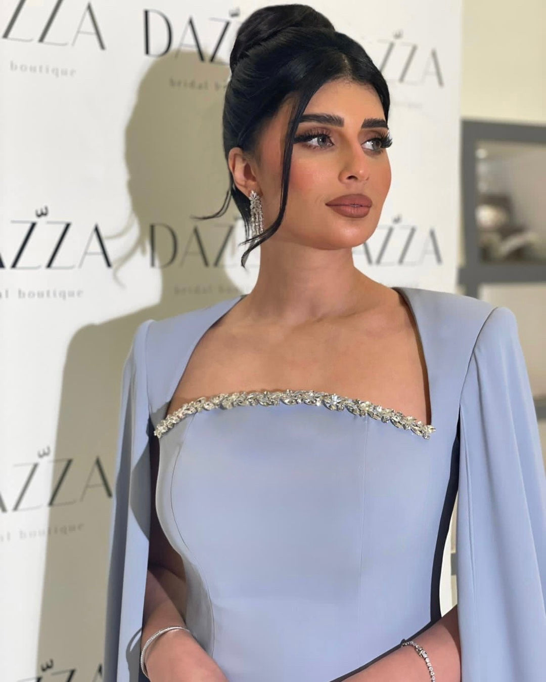 Elegant Blue Mermaid Evening Dress with Cape Sleeves SF486