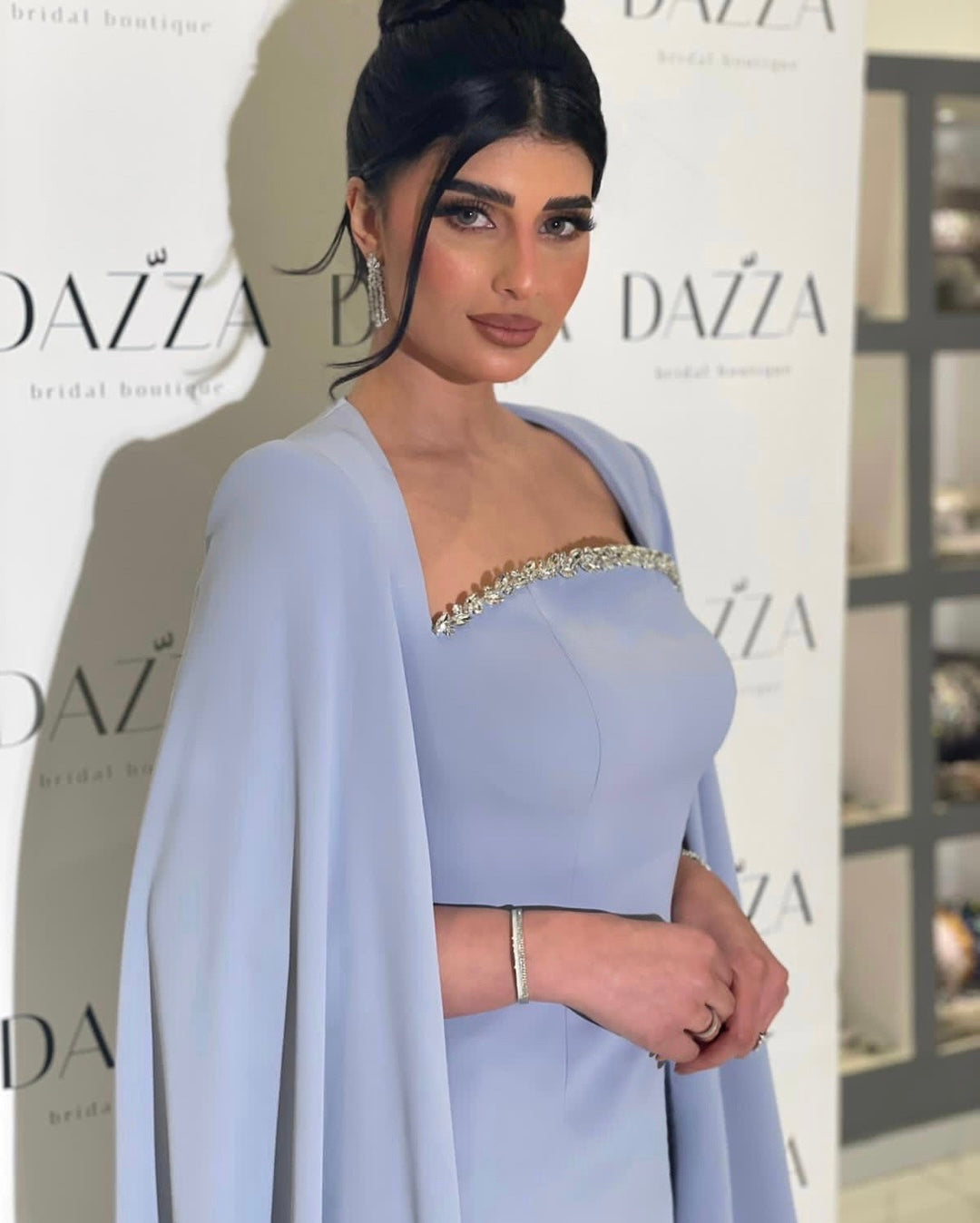 Elegant Blue Mermaid Evening Dress with Cape Sleeves SF486