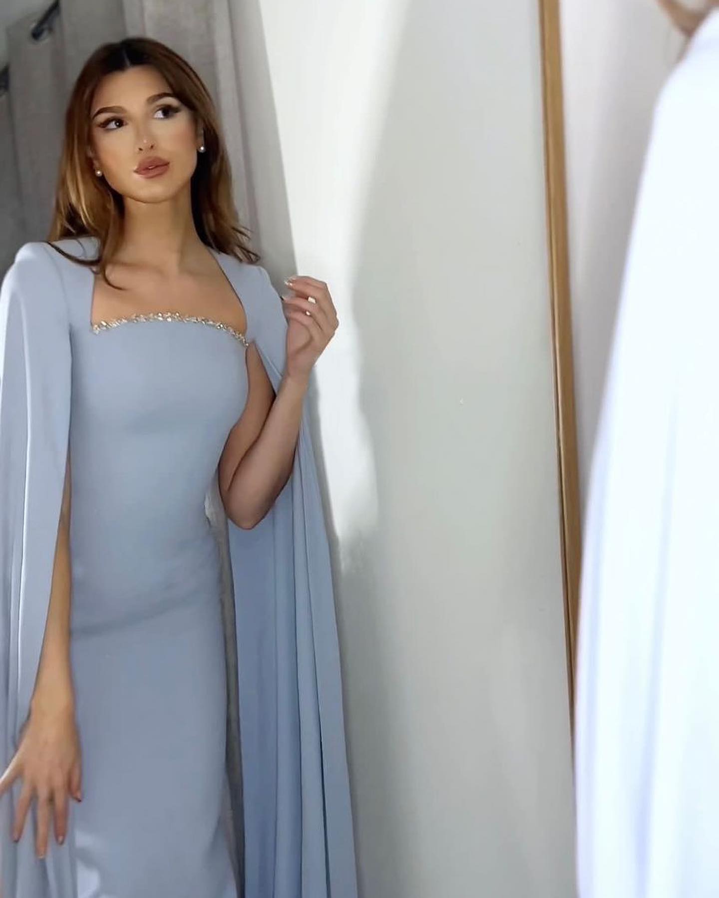 Elegant Blue Mermaid Evening Dress with Cape Sleeves SF486