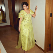 Luxury Beaded Yellow Evening Dress with Cape SS570