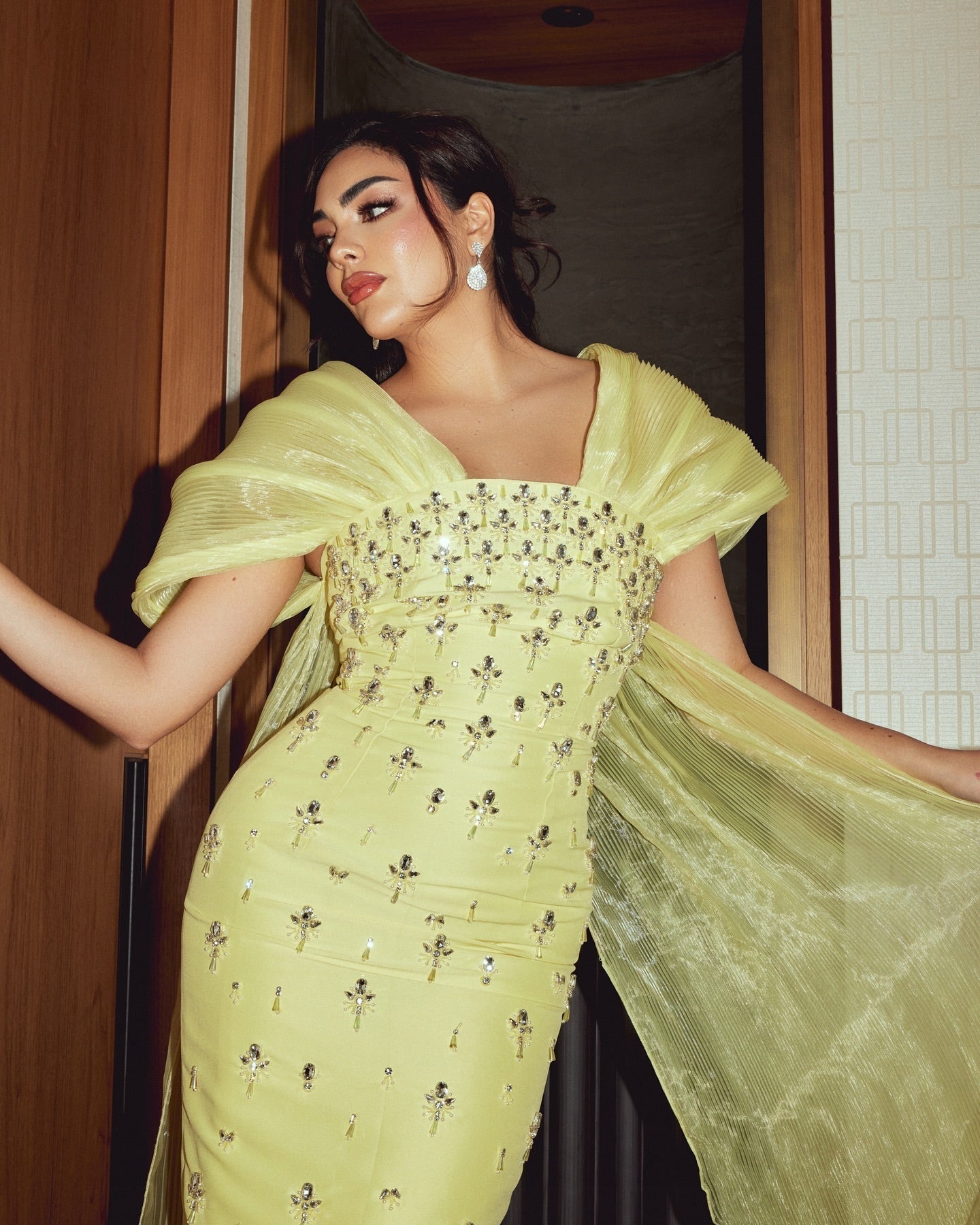 Luxury Beaded Yellow Evening Dress with Cape SS570