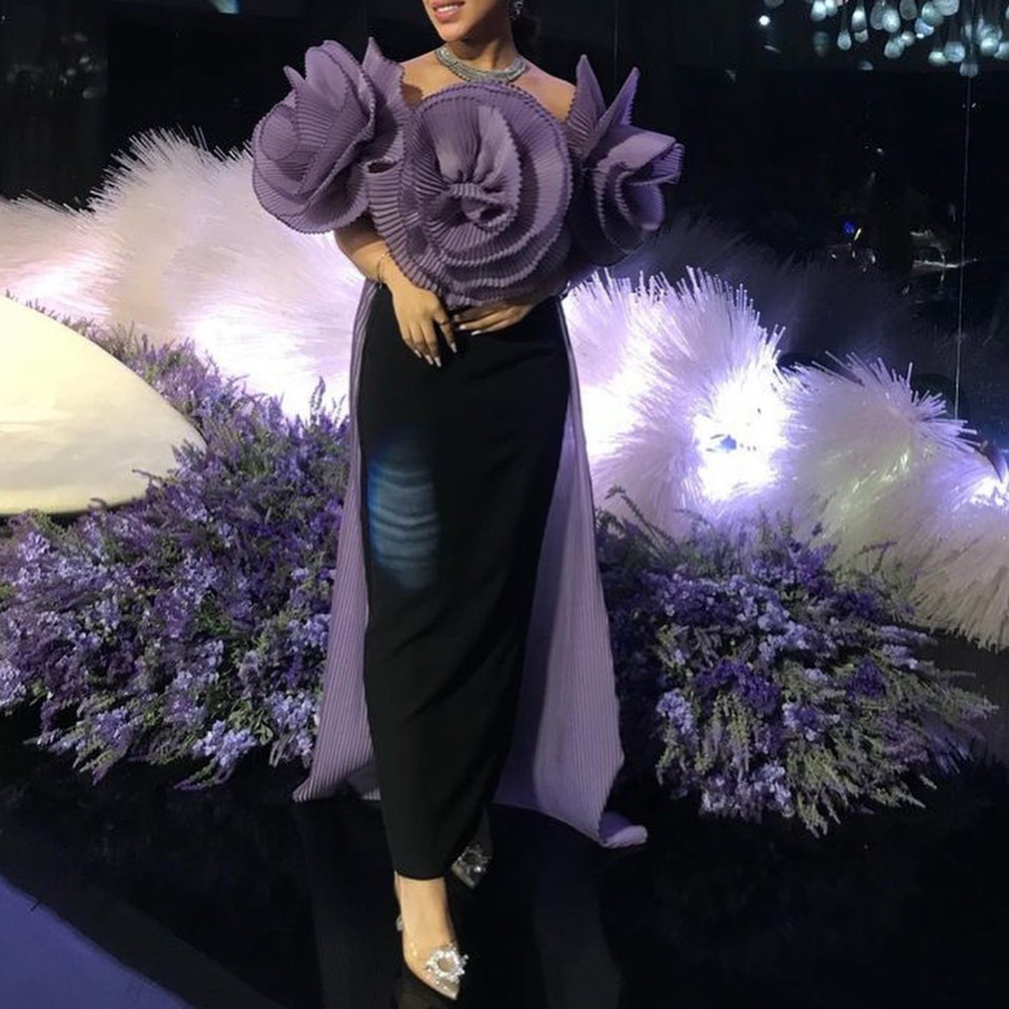 Elegant Black and White 3D Flowers Mermaid Dress with Cape SF018  Purple / US 16