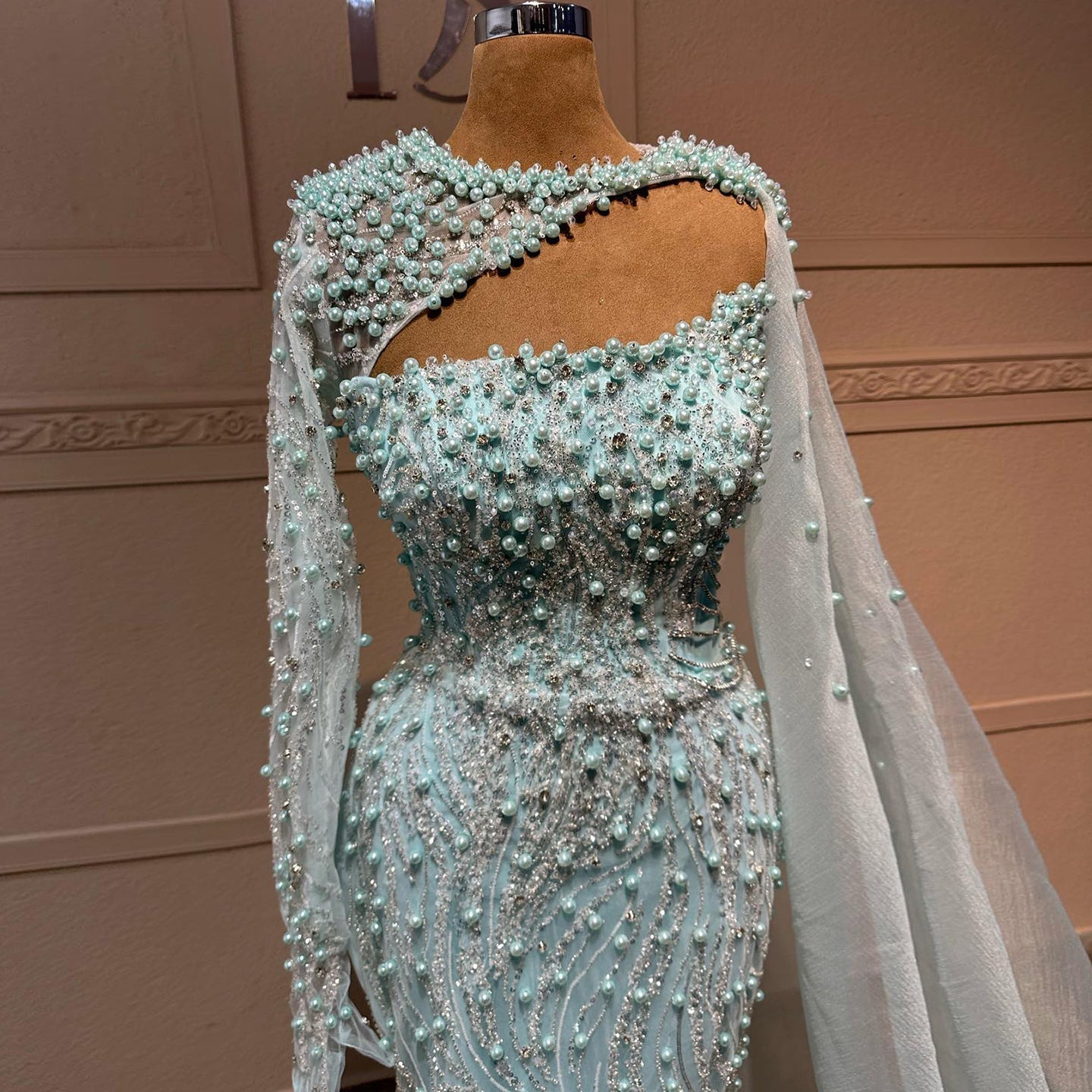 Luxury Turquoise Pearls Evening Dress with Cape Sleeves SS705