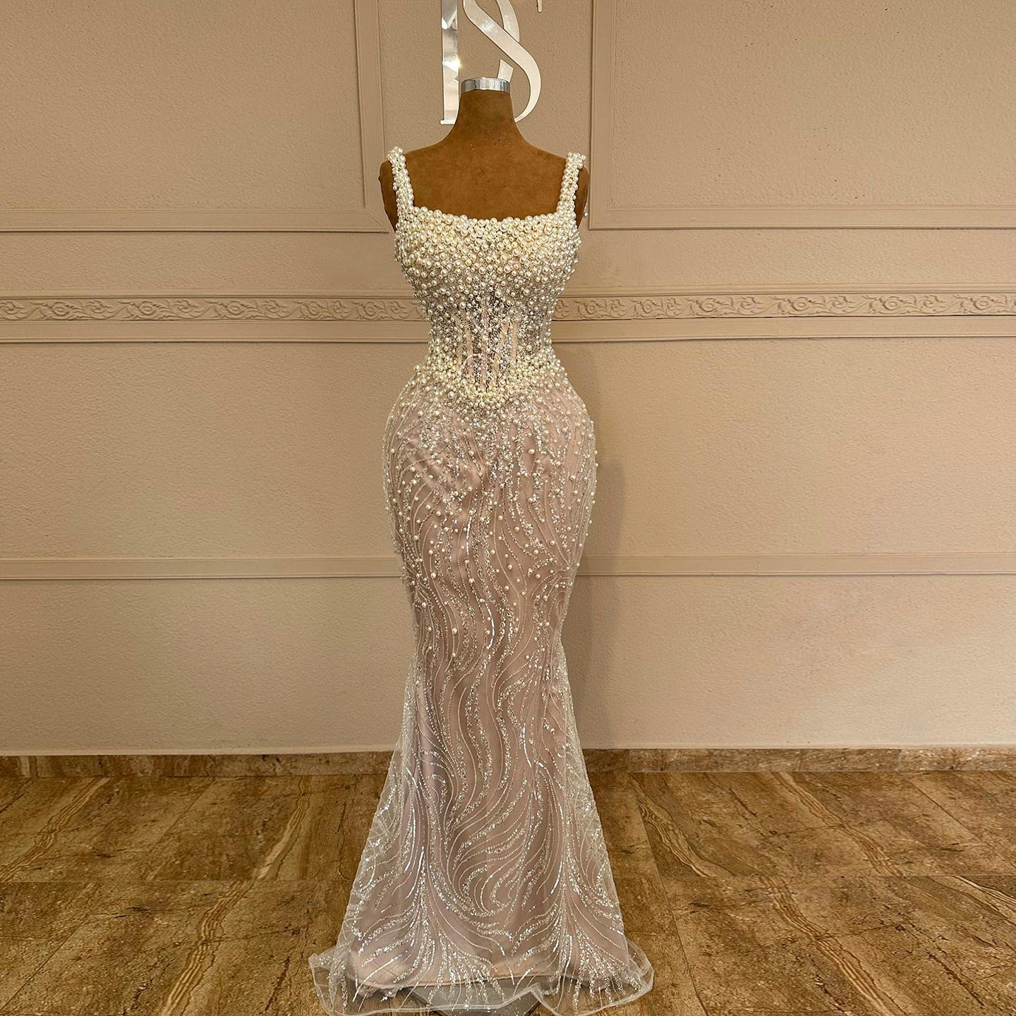 Elegant Mermaid White Nude Pearls Evening Dress SS706