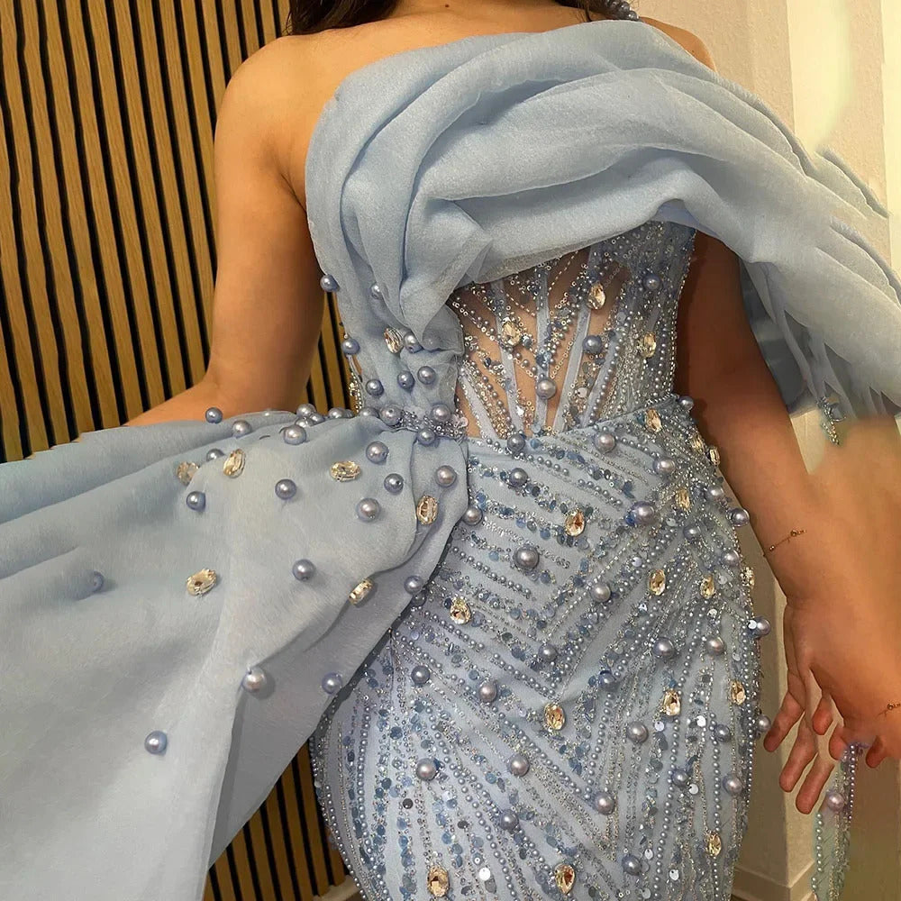 Luxury One Shoulder Blue Evening Dress with Overskirt SS644