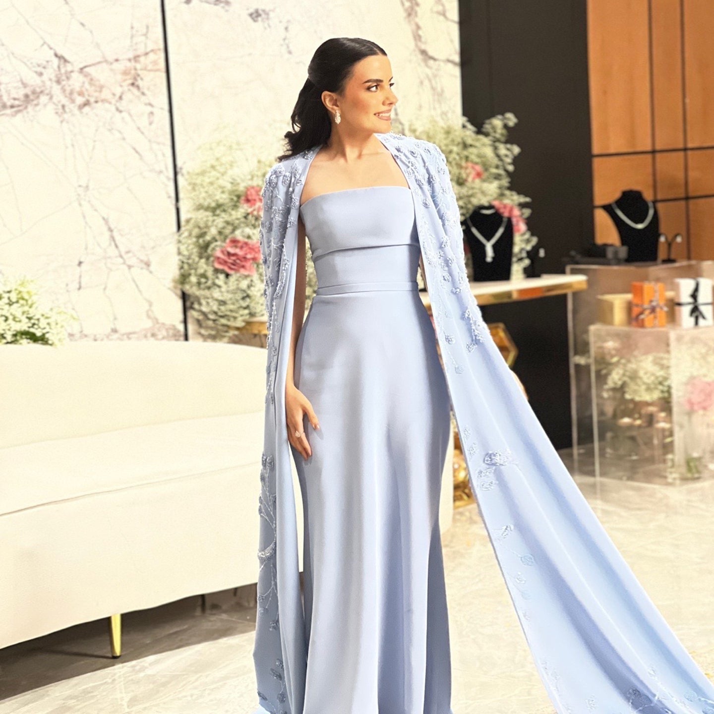 Elegant Blue Mermaid Evening Dress with Cape Sleeves SS407